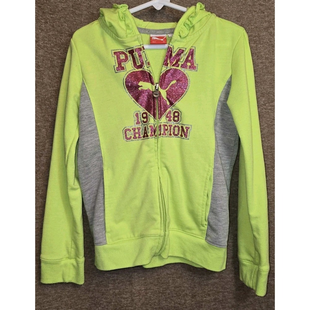 Puma Girls Zip Hoodie Sweatshirt Green‎ Pink Glitter Logo GUC Y2K Size 6X